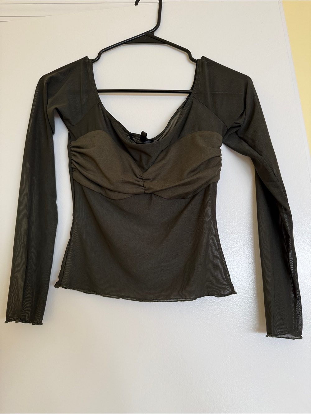Blue Blush Olive Sheer Long-Sleeve Ruched Bust Top